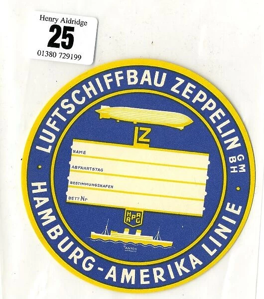 Zeppelin airship, Hamburg-America Line, luggage tag