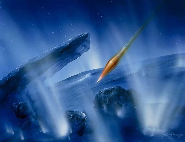 Artwork of Deep Impact impactor hitting comet