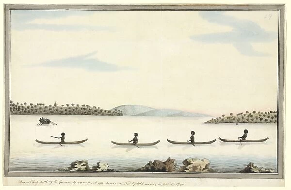 Australian aborigines in canoes, artwork C016  /  6113