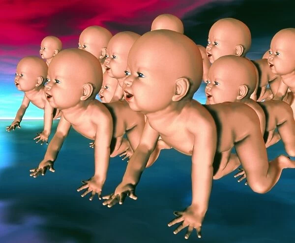 Conceptual computer artwork of cloned human babies