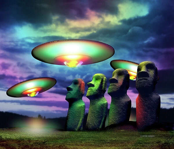 UFOs over statues