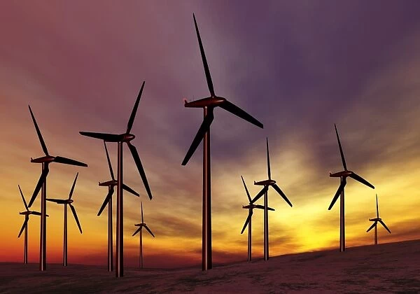 Wind turbines at sunset, artwork