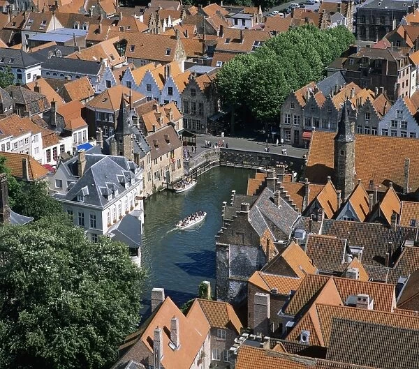 Aerial view over Rozenhoedkaai and roof-tops from the Belfry, Bruges, UNESCO World Heritage Site, Flanders, Belgium, Europe