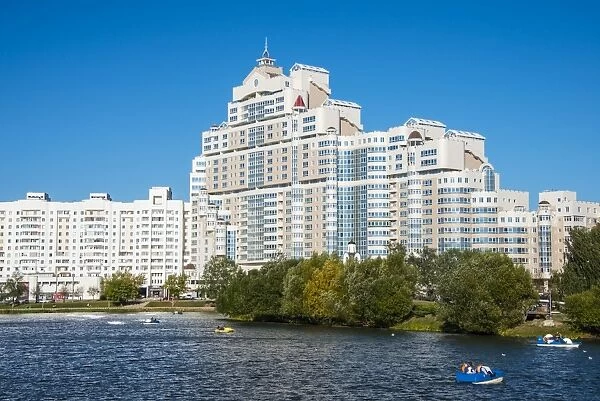 Apartment buildings along the Svislach River, Minsk, Belarus, Europe