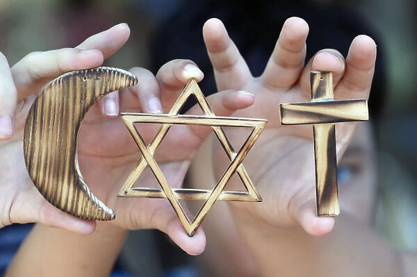 Christianity, Islam, Judaism, the three monotheistic religions with symbols of Jewish