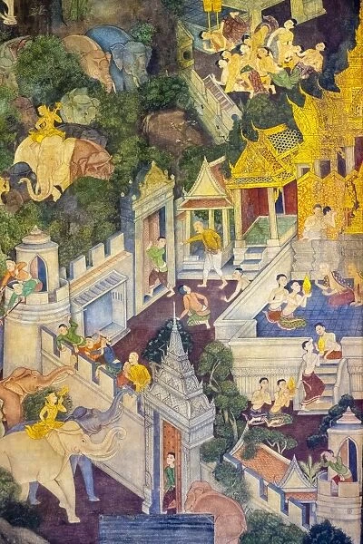 Colorful painted murals depicting scenes from life of Buddha, inside Wat Pho (Temple