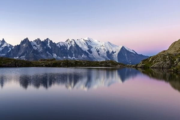 Mont Blanc reflected during twilight in Lac des Cheserys, Haute Savoie, French Alps