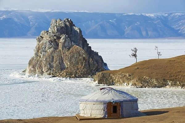 Shaman rock, Maloe More (Little Sea), frozen lake during winter, Olkhon island, Lake Baikal, UNESCO World Heritage Site, Irkutsk Oblast, Siberia, Russia, Eurasia