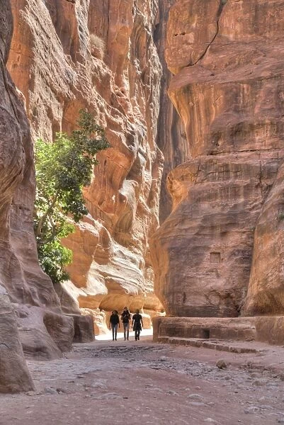 Tourists walking through the Siq, Petra, UNESCO World Heritage Site, Jordan, Middle East