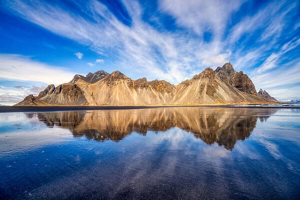 Vestrahorn Mountain reflects in the tide, Southeast Iceland, Polar Regions