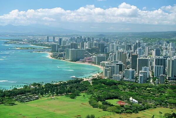 View over coast north west from lookout on crater rim of Diamond Head
