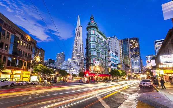 View of Transamerica Pyramid building on Columbus Avenue and car trail lights, San Francisco