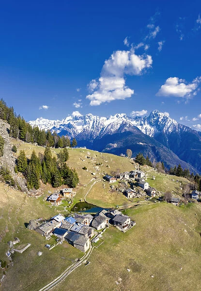 Aerial view of the tiny village of Lagunc. Valchiavenna, Valtellina, Lombardy, Italy