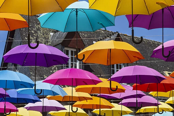 Brittany, Morbihan, Pontivy, France. Umbrellas adorn Pontivy village