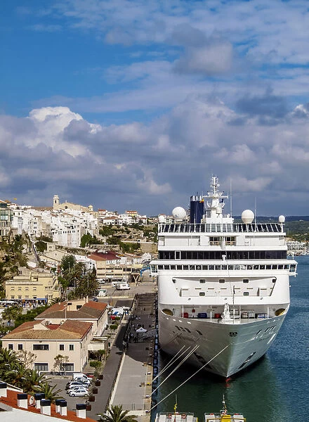 Cruise ship in port, Mahon or Mao, elevated view, Menorca or Minorca, Balearic Islands