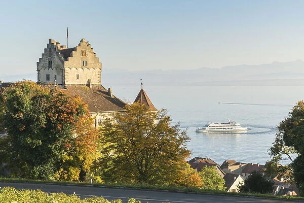 Ferry-boat cruising on Lake Constance. and the Old castle. Meersburg, Baden-Wurttemberg, Germany