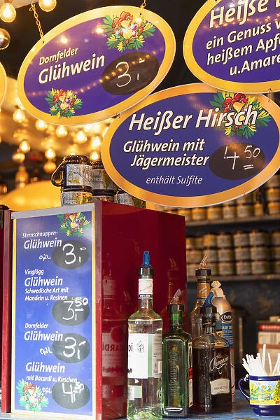 German mulled wine stall at Christmas Market, Wiesbaden, Hesse, Germany