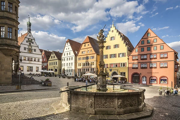 Marktplatz fountain and market square in the old town of Rothenburg ob der Tauber
