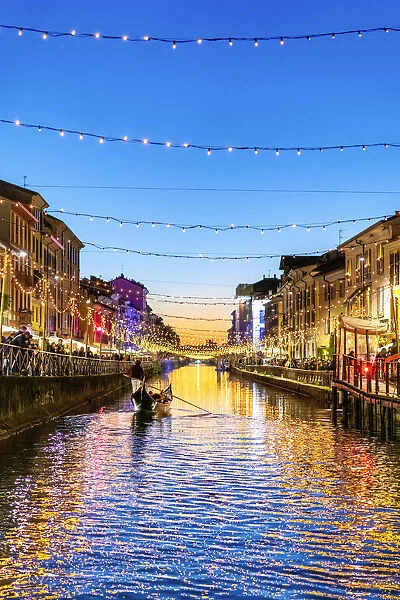 Naviglio Grande with Christmas lights, Milan, Lombardy, Italy, Europe