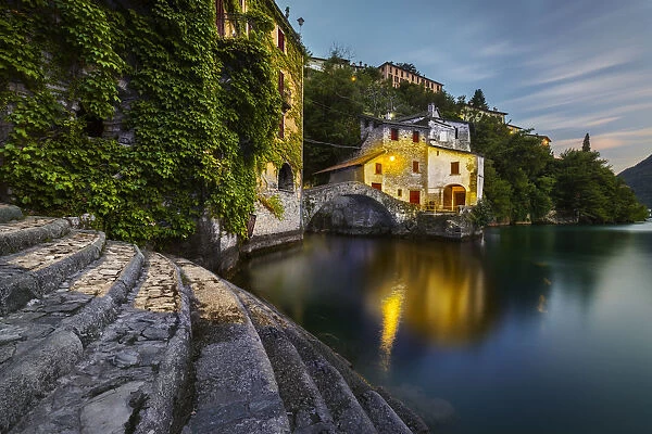 Nesso at dusk, Como lake, Como, Lombardy, Italy, Southern Europe