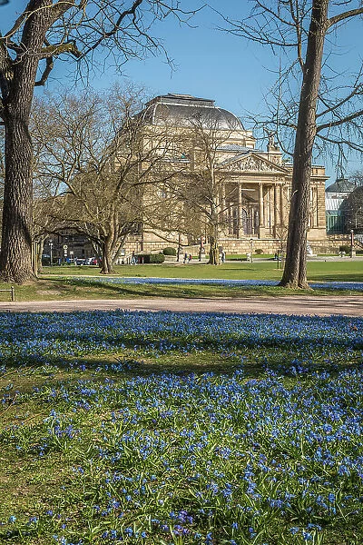 Spring meadow at park with State Theater, Wiesbaden, Hesse, Germany