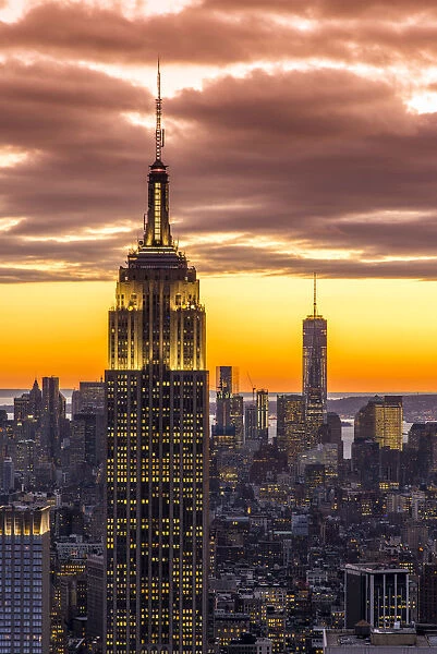 Top view at sunset of the Empire State Building with One World Trade Center in the