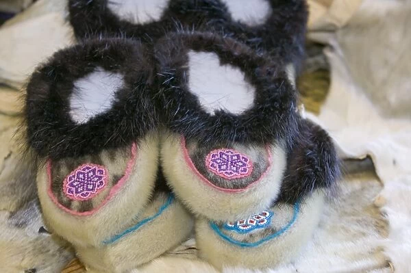 Traditional seal skin slippers in the tannery in Shishmaref a tiny island between alaska and siberia in the Chukchi sea is home to around 600 inuits or eskimos. As hunter gatherers their carbon footprint is tiny and as such are least responsible