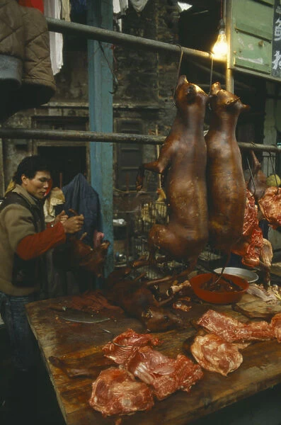 20069719. CHINA Guangzhou Dogmeat hanging in meat market with seller behind stall