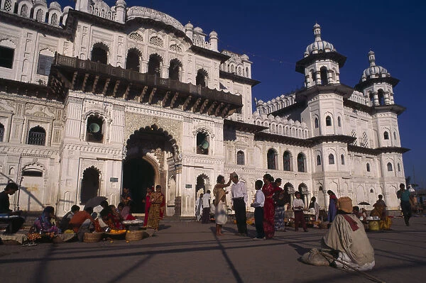 NEPAL, Janakpur Janaki Mandir exterior facade with street traders