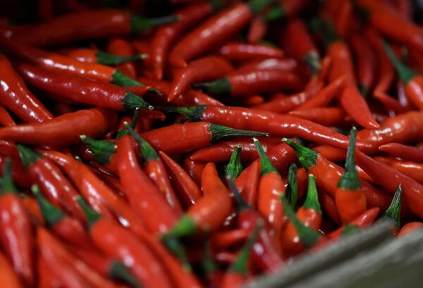 Chillies are offered at the wholesale fruits and vegetables market in Hamburg