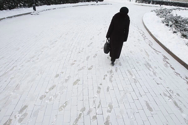 A woman walks through a park in an air temperature around minus 18 degree Celsius in