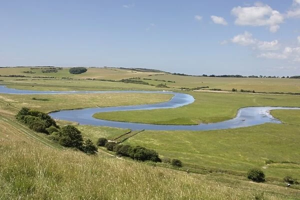 View of meandering river in coastal floodplain, River Cuckmere, Seven Sisters Country Park, Cuckmere Haven