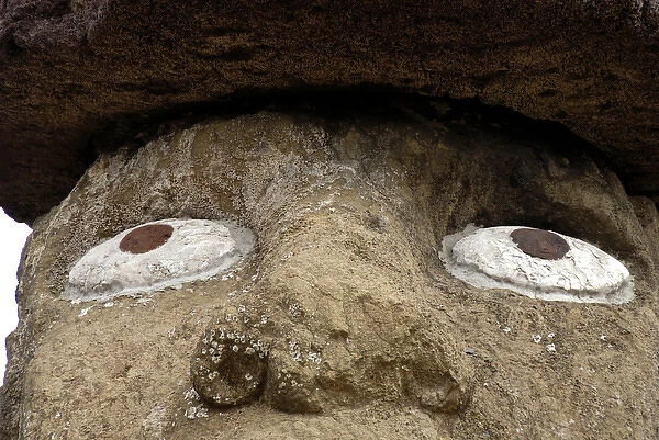 Chile, Easter Island (aka Rapa Nui), Hanga Roa. Stone Moai head, face detail