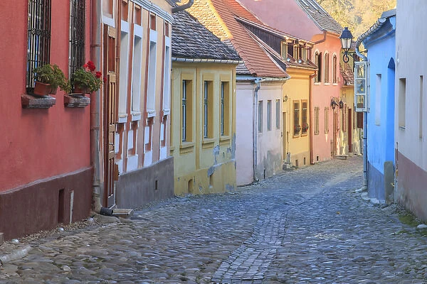 Europe, Romania, Sighisoara, cobblestone residential street of colorful houses in village