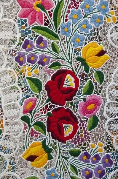 Hungary, capital city of Budapest. Buda side, Castle Hill. Traditional hand made embroidered lace