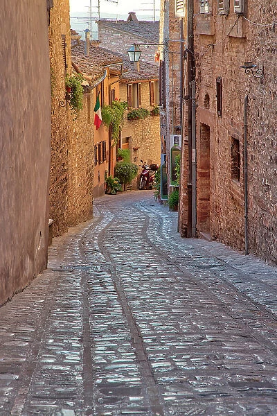 Italy, Umbria. Cobblestone street in the town of Spello