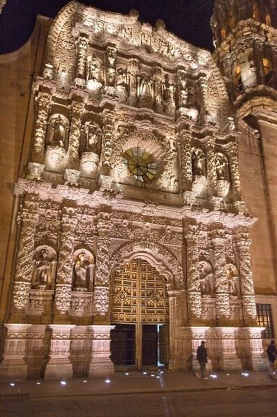 Mexico, Zacatecas. Zacatecas Cathedral, an elaborately carved red-stone (cantera)