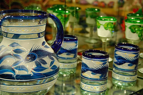North America, Mexico, Baja California Sur, San Jose del Cabo. Hand painted glassware