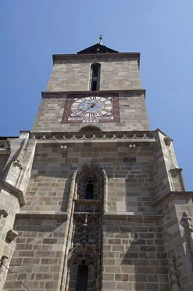 Romania, Transylvania, Brasov. The Gothic Black Church, historic bell & clock tower