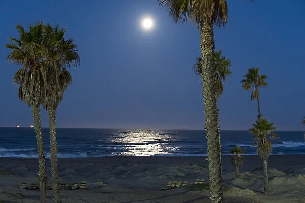 US, CA, Oxnard. Moonlight reflected on Pacific Ocean during full moonet