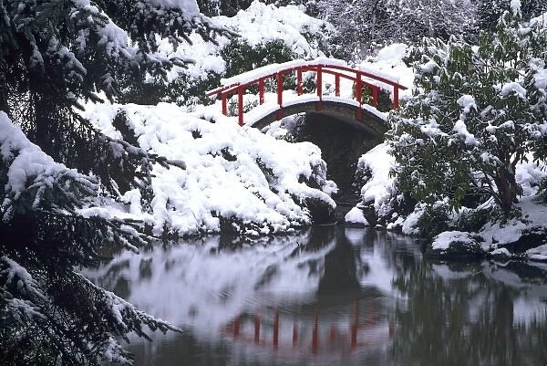 WA, Seattle, Moon bridge and pond after winter snow storm; Kubota Garden