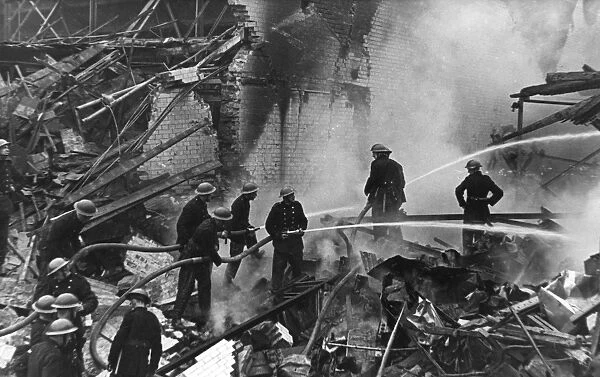 Firefighters in action after flying bomb attack, WW2