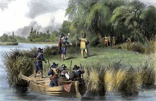 Boston colonists greeted by Native Americans, 1635