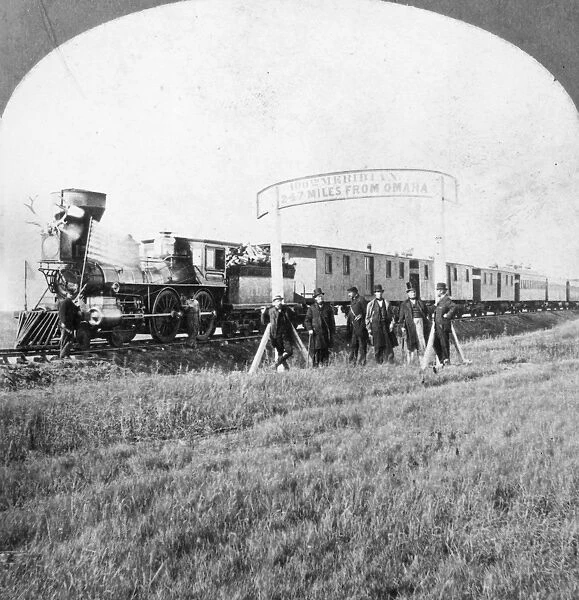 100th MERIDIAN, 1866. Directors of the Union Pacific Railroad celebrate that the
