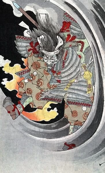 (1152-1185). Japanese warrior, one of the chief commanders of the Taira Clan. The ghost of Tomomori crashing through waves to avenge the Taira naval defeat by the Minamoto forces during the Genpei War, 1185. Woodcut by Yoshitoshi Taiso, 1880s