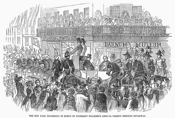 13th President of the United States. Procession in New York in honor of President Fillmore passes by Barnums American Museum on Broadway, 1851. Contemporary American wood engraving