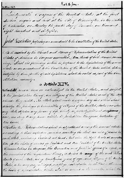 14th AMENDMENT, 1868. The first page of the 14th Amendment of the United States Constitution