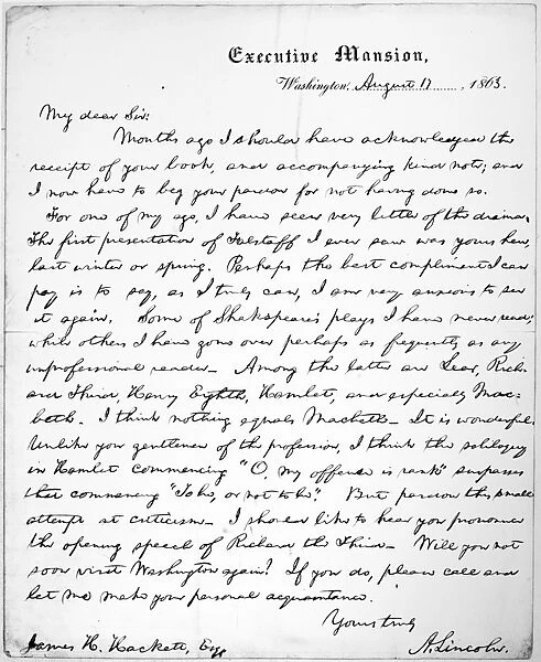 16th President of the United States. Handwritten letter by Lincoln to actor James Henry Hackett, thanking him for a book, 17 August 1863