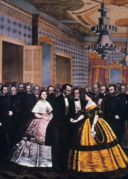 16th President of the United States. Lincolns last reception on the night of the second inauguration, 4 March 1865. Detail of a lithograph, 1865, by Anton Hohenstein
