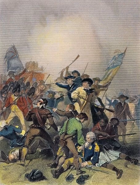 17 June 1775. Peter Salem is crouched, at right center. Engraving, 19th century